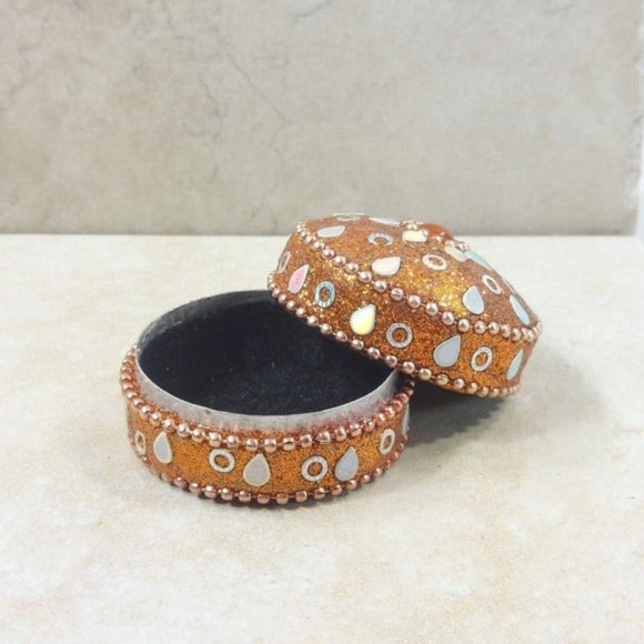 VTG Jewelry Box Orange Round Glitter Trinket Gift Beads Ornament Velvet Interior - Picture 8 of 12
